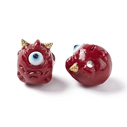 Rouge Foncé Perles de résine opaques d'halloween, avec cornes en alliage doré, monstre à un seul œil, rouge foncé, 13x10.5x12mm, Trou: 1.8mm