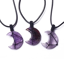 Amethyst Adjustable Natural Amethyst Moon Pendant Necklace, Wax Cord Macrame Pouch Braided Gemstone Jewelry for Women, 29.37~29.69 inch(74.6~75.4cm)