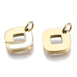 Real 14K Gold Plated 304 Stainless Steel Charms, with Shell and Jump Rings, Rhombus, Real 14K Gold Plated, 9.5x10x1.5mm, Jump Ring: 3.8x0.6mm, 2.6mm inner diameter, Side Length: 8.5mm, Diagonal Length: 9.5mm
