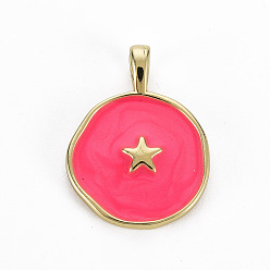 Cerise Brass Enamel Pendants, Cadmium Free & Nickel Free & Lead Free, Real 16K Gold Plated, Flat Round with Star, Cerise, 20.5x15.5x4.5mm, Hole: 2.5x3mm