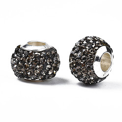Diamant Noir Argile à la main en strass polymère perles européennes, avec noyaux doubles en plastique ccb argentés, Perles avec un grand trou   , rondelle, diamant noir, 12.5~13x10mm, Trou: 4.5mm
