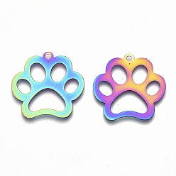 Rainbow Color Ion Plating(IP) 201 Stainless Steel Pet Pendants, Etched Metal Embellishments, Cat Footprint, Rainbow Color, 26x26.5x0.3mm, Hole: 1.8mm