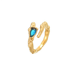 Blue Golden Stainless Steel Open Cuff Ring, with Teardrop Glass, Blue, US Size 8(18.1mm)