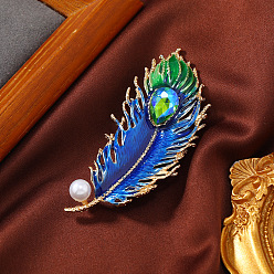Bleu Épingles en émail de plumes de paon de style ethnique, Broche en strass en alliage d'or clair avec perle d'imitation pour manteaux de pulls pour femmes, bleu, 74x32mm