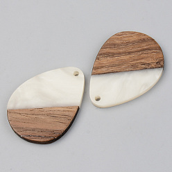 Floral White Opaque Resin & Walnut Wood Pendants, Teardrop, Floral White, 35.5x26x3mm, Hole: 2mm