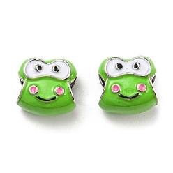 Green Brass Enamel European Beads, Large Hole Beads, Lead Free & Cadmium Free, Long-Lasting Plated, Platinum, Frog, Green, 12x12.5x9mm, Hole: 4.5mm