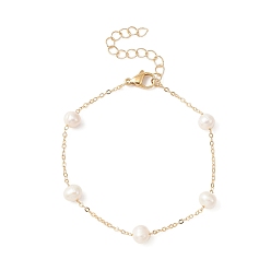 Golden Natural Pearl Beaded Chain Bracelet, Brass Jewelry, Golden, 7-1/4 inch(18.5cm)