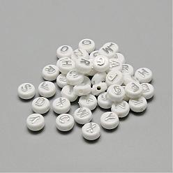 Silver Plating Acrylic Beads, Silver Metal Enlaced, Horizontal Hole, Mixed Letters, Flat Round, Silver, 9.5~10x6mm, Hole: 2mm, about 1532pcs/500g
