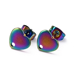 Rainbow Color Revestimiento iónico (ip) 304 fornituras de aretes de acero inoxidable, con las tuercas de oreja, corazón, color del arco iris, 12x9 mm, agujero: 1.4 mm, pin: 0.7 mm