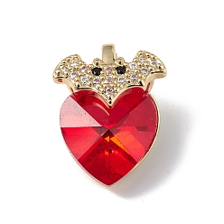 Red Real 18K Gold Plated Rack Plating Brass Micro Pave Clear Cubic Zirconia Pendants, with Glass, Long-Lasting Plated, Cadmium Free & Lead Free, Bat with Heart Charm, Red, 18x14x9.5mm, Hole: 5x3mm