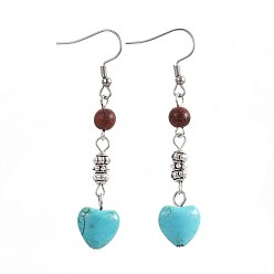 Synthetic Turquoise Synthetic Turquoise Dangle Earrings, with Natural Sandalwood and Alloy Beads, 304 Stainless Steel Earring Hooks, Heart, 61mm, Pin: 0.7mm