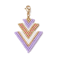 Lilac Handmade Loom Pattern Seed Beads Pendants Decoration, with 304 Stainless Steel Lobster Claw Clasps, Arrow, Lilac, 47mm