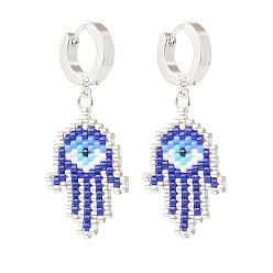 Royal Blue Glass Seed Braided Hamsa Hand with Evil Eye Dangle Hoop Earrings, Silver Brass Jewelry for Women, Royal Blue, 45mm, Pin: 1mm