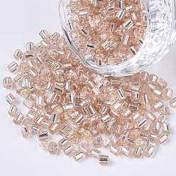 Misty Rose 6/0 Glass Bugle Beads, Silver Lined, Misty Rose, 3.5~5x3.5~4mm, Hole: 1mm, about 4500pcs/bag