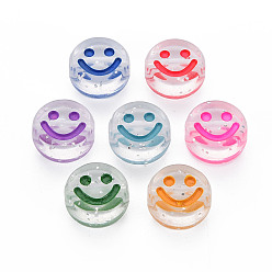 Mixed Color Transparent Acrylic Beads, Horizontal Hole, with Glitter Powder & Enamel, Flat Round with Smile Face, Mixed Color, 10x5mm, Hole: 2mm, about 1600pcs/500g