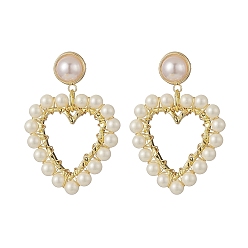 Golden Wrapped Shell Pearl Beaded Dangle Stud Earrings, Heart Brass ABS Plastic Imitation Pearl Earring for Women, Golden, 43mm, Pin: 0.9mm