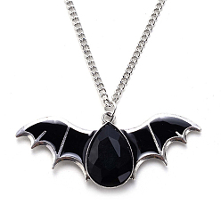 Black Halloween Themed Glass Bat Pendant Necklace with Enamel, Alloy Jewelry for Men Women, Black, Bat: 1.21x2.91 inch(3.08x7.4cm)