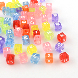Mixed Color Transparent Acrylic European Beads, Random Mixed Letters, Horizontal Hole, Large Hole Cube Beads, Mixed Color, 10x10x10mm, Hole: 4mm, about 530pcs/500g