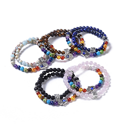 Mixed Stone Two Loops Natural & Synthetic Gemstone Beads Warp Stretch Bracelets, with Evil Eye Lampwork Round Beads and Tibetan Style Alloy Beads, 13-3/8 inch(34cm)