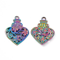Rainbow Color Ion Plating(IP) 304 Stainless Steel Pendants, Heart Bottle with Flower Charm, Rainbow Color, 28x20.5x2.5mm, Hole: 3mm