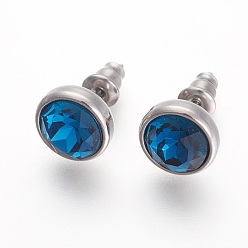 Sapphire 304 Stainless Steel Stud Earrings, with Rhinestone, Flat Round, Sapphire, 10x6mm, Pin: 0.9mm