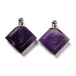 Amethyst Natural Amethyst Perfume Bottle Pendants, Faceted Rhombus Charms with Stainless Steel Color Tone 304 Stainless Steel Findings, 31x27~27.5x8.5~10mm, Hole: 2mm