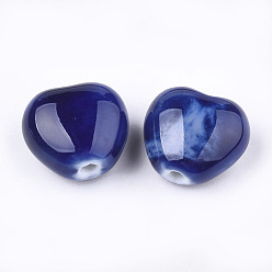 Blue Handmade Porcelain Beads, Fancy Antique Glazed Porcelain, Heart, Blue, 14~15x16x9~10mm, Hole: 2mm
