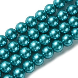 Deep Sky Blue Eco-Friendly Glass Pearl Beads Strands, Grade A, Round, Dyed, Cotton Cord Threaded, Deep Sky Blue, 14mm, Hole: 1.2~1.5mm, about 30pcs/strand, 15.7 inch