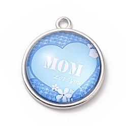 Light Sky Blue Mother's Day Theme Alloy Glass Pendants, Flat Round with Word, Light Sky Blue, 23.5x20x6mm, Hole: 2mm