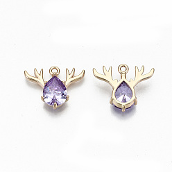 Violet Brass Glass Rhinestone Pendants, Long-Lasting Plated, Cadmium Free & Lead Free, Christmas Reindeer/Stag, for Christmas, Light Gold, Violet, 15x20x5mm, Hole: 1.5mm