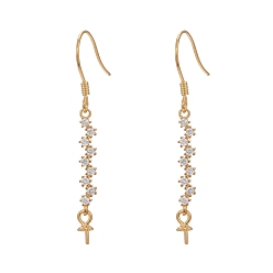 Golden 925 Sterling Silver Dangle Earring Findings, with Cubic Zirconia, For Half Drilled Beads, Clear, Golden, 40x3mm, 24 Gauge, Pin: 0.5mm