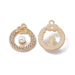 Oro Aleación rhinestones colgantes, anillo con dijes de perla de imitación de plástico abs, dorado, 21.7x18x5 mm, agujero: 1.8 mm
