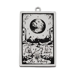 Stainless Steel Color 201 Stainless Steel Pendants, Laser Engraved Pattern, Tarot Card Pendants, The Moon XVIII, 40x24x1mm, Hole: 2mm