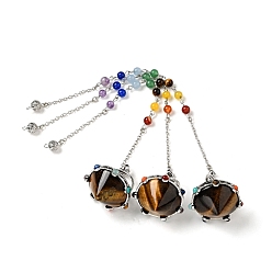 Tiger Eye Natural Tiger Eye Cone Dowsing Pendulums, Cone Charm, with Platinum Tone Brass & Alloy Findings & Chakra Mixed Stone Beads, Cadmium Free & Lead Free, 240~245mm, Pendant: 39~41x41~42mm, Hole: 2x2.5mm
