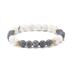 Noir Bracelet extensible à perles rondes en agate patinée naturelle (teinte) et howlite, bijoux en pierres précieuses pour femmes, noir, diamètre intérieur: 2-1/4 pouce (5.6 cm)