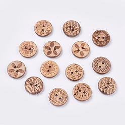 Saddle Brown Wooden Buttons, 2-Hole, Flat Round, Mixed Pattern, Saddle Brown, 17.5~18x3mm, Hole: 2mm