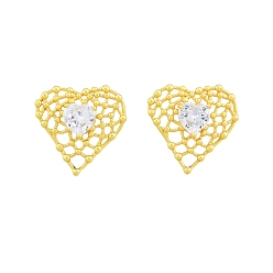 Mate Dorado Color Aretes de corazón de vidrio transparente, joyería de latón chapado en rack para mujer, sin níquel, color dorado mate, 22x23 mm, pin: 0.6 mm