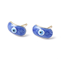 Royal Blue Enamel Curved Oval with Evil Eye Stud Earrings, Real 18K Gold Plated Brass Jewelry for Women, Royal Blue, 7.5x15.5mm, Pin: 0.8mm