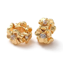 Real 18K Gold Plated Brass Micro Pave Cubic Zirconia Beads, Ring with Flower, Real 18K Gold Plated, 6.5x4.5mm, Hole: 2.5mm