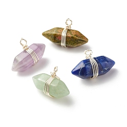 Silver Natural & Synthetic Mixed Stone Double Terminated Pointed Pendants, with Copper Wire Wrapped, Faceted, Bullet, Silver, 15x23x9mm, Hole: 2mm