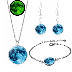 Озёрно--синий Наборы светящихся украшений из сплава и стекла с лунным эффектом, в том числе браслеты, серьги и ожерелья, Плут синий