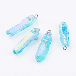 Cyan Electroplated Natural Quartz Pendants, with Brass Findings, Bullets, Pointed Pendants, Platinum, Cyan, 43~50x11~13mm, Hole: 3mm