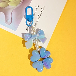 Deep Sky Blue Pearl Beaded Bowknot Clover Acrylic Pendant Decorations, with Metal Finding, for Backpack, Keychain Decor, Deep Sky Blue, 69x39mm