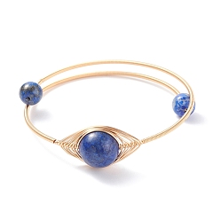 Lapis Lazuli Bracelet en perles rondes en lapis-lazuli naturel (teint), bracelet de couple réglable en fil de cuivre pour femme, or, diamètre intérieur: 2 pouce (5.2 cm)