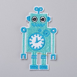 Turquoise Computerized Embroidery Cloth Iron on/Sew on Patches, Costume Accessories, Appliques, for Backpacks, Clothes, Robot, Turquoise, 78x45x2mm