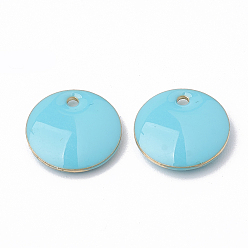 Cyan Brass Charms, Enamelled Sequins, Raw(Unplated), Flat Round, Cyan, 10x2.5mm, Hole: 1mm