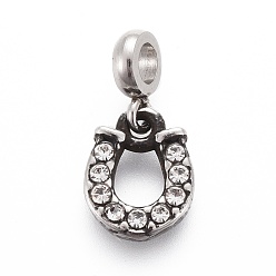 Antique Silver 304 Stainless Steel Charms, with Rhinestone and Tube Bails, Horseshoe, Crystal, Antique Silver, 13.5mm, Pendant: 8.5x6.8x2mm, Hole: 2.5mm