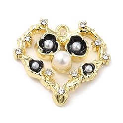 Golden Spray Painted Alloy Pendants, Glass with CCB Pearls, Hollow out with Heart, Golden, 17x19.5x5mm, Hole: 1mm
