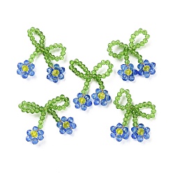 Bleu Royal Pendentifs en perles de verre, avec du fil de cuivre, nœud papillon avec breloques fleurs, bleu royal, 25~27x25~28x5~5.5mm, Trou: 5.5x7.5mm