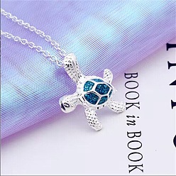 Blue Silver Alloy Enamel Pendant Necklace, Tortoise, Blue, 19.29 inch(49cm)